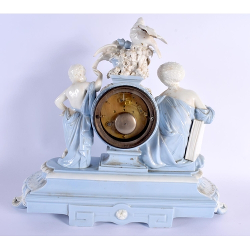 134 - 19th century very rare Minton parian figural clock, in light blue and white, depicting a woman, chil... 