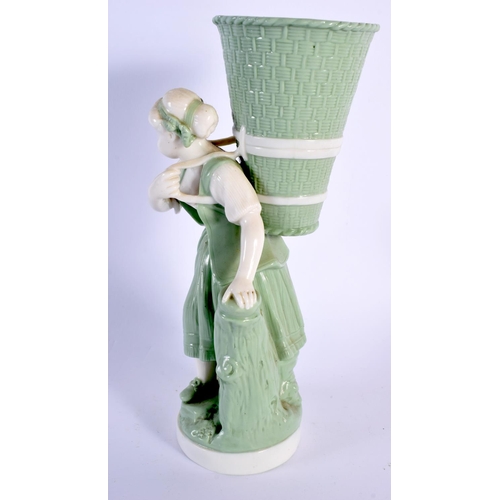 135 - 19th century Minton celadon figure of a girl holding a wicker basket on her back, impressed marks 22... 