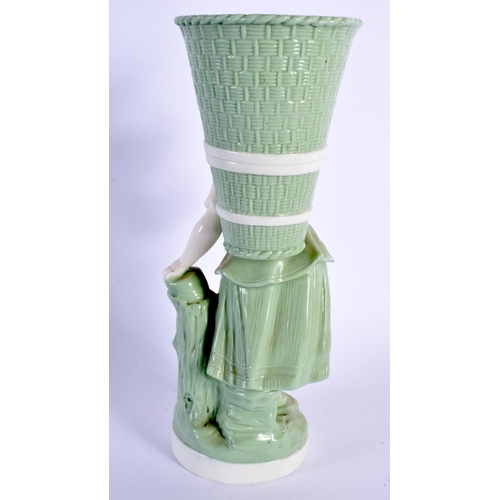 135 - 19th century Minton celadon figure of a girl holding a wicker basket on her back, impressed marks 22... 