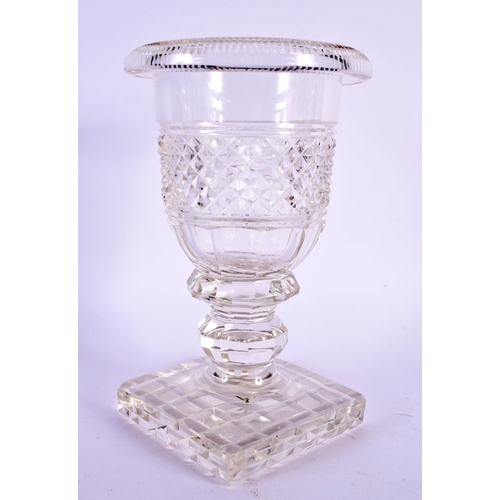 14 - A LOVELY REGENCY CUT GLASS VASE with square cut base. 17 cm x 9 cm.