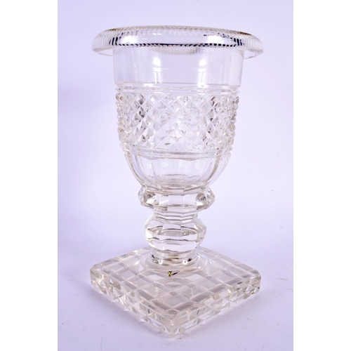 14 - A LOVELY REGENCY CUT GLASS VASE with square cut base. 17 cm x 9 cm.