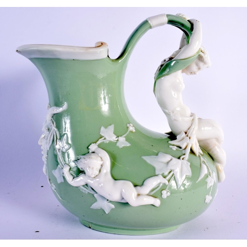 141 - Minton celadon and white parian mermaid ewer each side moulded with a putto holding leafy branches, ... 