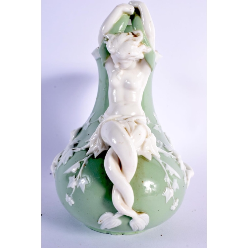 141 - Minton celadon and white parian mermaid ewer each side moulded with a putto holding leafy branches, ... 