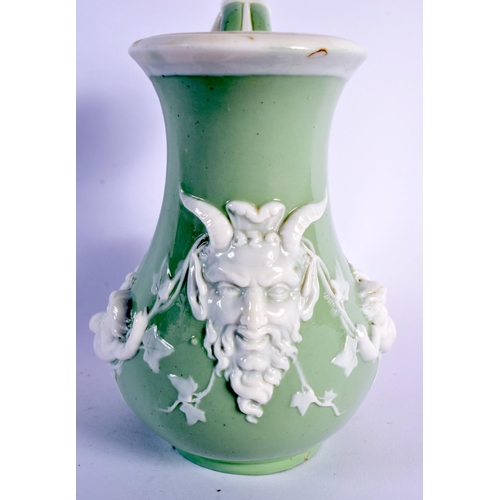 141 - Minton celadon and white parian mermaid ewer each side moulded with a putto holding leafy branches, ... 