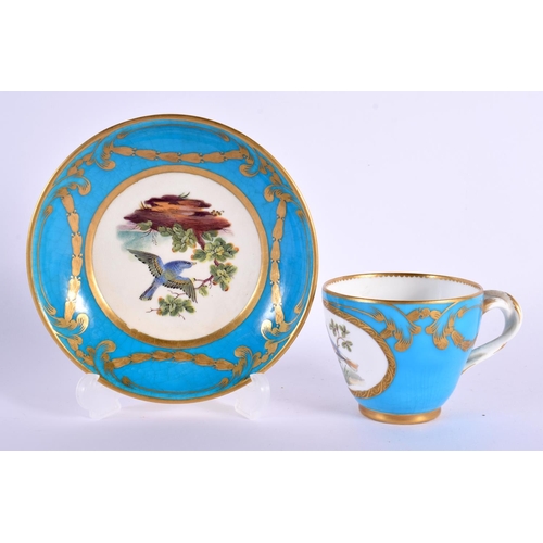 142 - Mid 19th century Minton cup and saucer painted with birds in landscape surrounded by a turquoise and... 