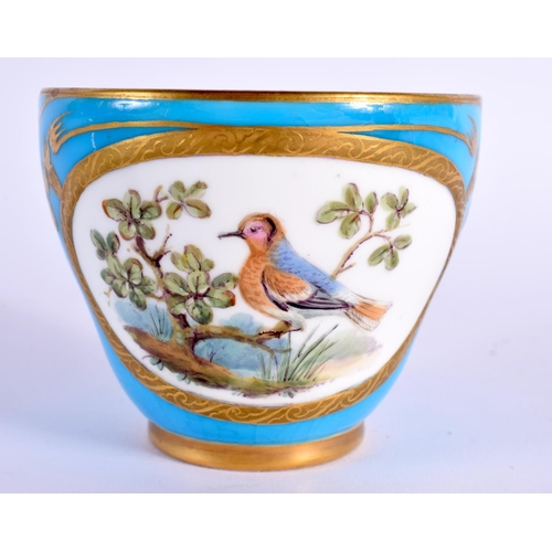 142 - Mid 19th century Minton cup and saucer painted with birds in landscape surrounded by a turquoise and... 