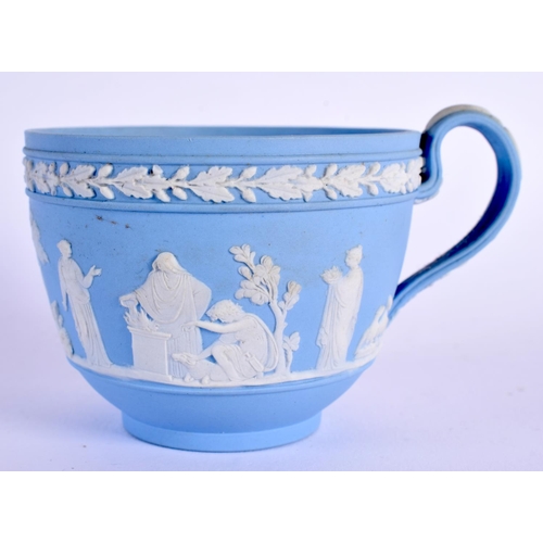 143 - 19th century WEDGWOOD jasperware cup and saucer with applied classical scenes, WEDGWOOD impressed, n... 