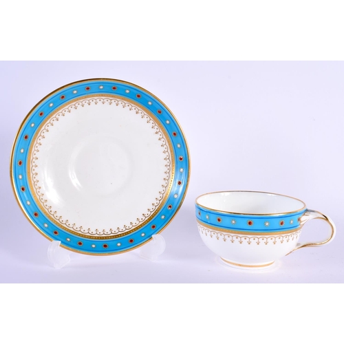 144 - Mid 19th century Minton cup and saucer painted with a gilt and turquoise border, the turquoise board... 