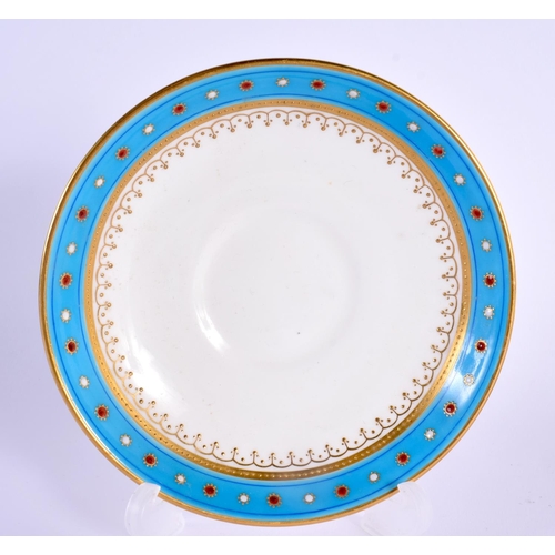 144 - Mid 19th century Minton cup and saucer painted with a gilt and turquoise border, the turquoise board... 