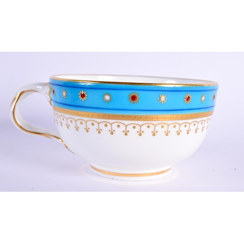 144 - Mid 19th century Minton cup and saucer painted with a gilt and turquoise border, the turquoise board... 