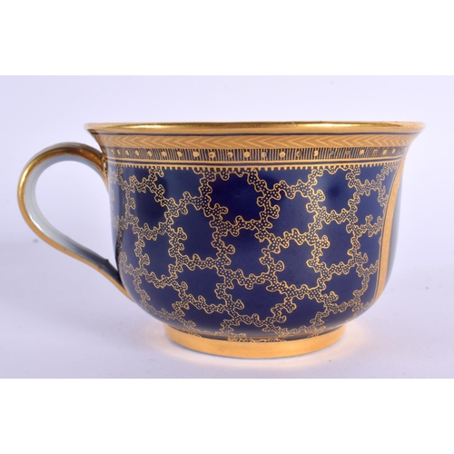 145 - Late 19th century Meissen cabinet cup and saucer in Sevres style, the dark blue ground with a gilt v... 