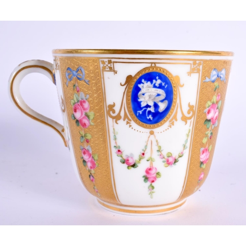 147 - Mid 19th century Minton cup and saucer with alternating acid etched gilt and white panels, gilt pane... 