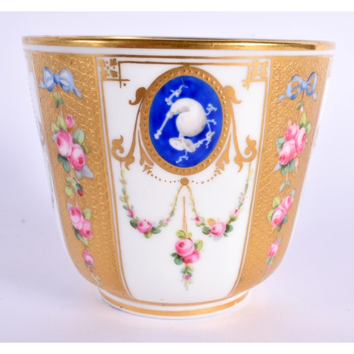 147 - Mid 19th century Minton cup and saucer with alternating acid etched gilt and white panels, gilt pane... 