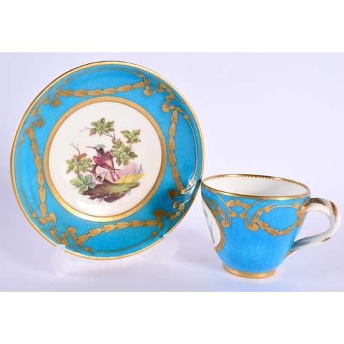 148 - Mid 19th century Minton cup and saucer painted with birds in landscape surrounded by a turquoise and... 