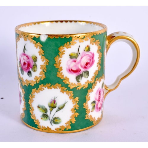 159 - Sevres coffee can with circular rose panels on a pomme verte ground, a Meissen coffee cup painted wi... 