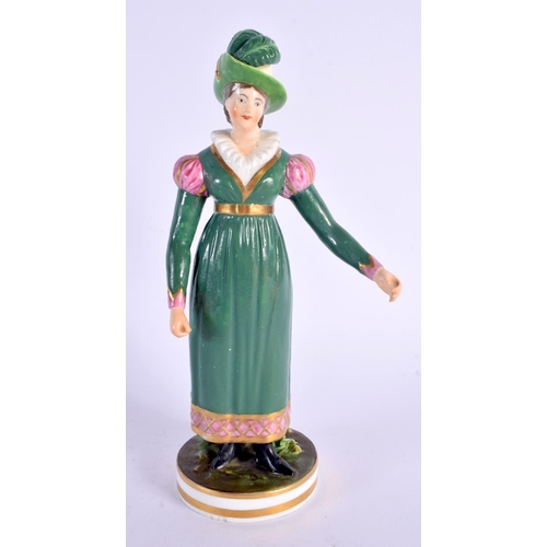 16 - AN EARLY 19TH CENTURY DERBY FIGURE OF A FEMALE modelled wearing a green dress. 20 cm high.