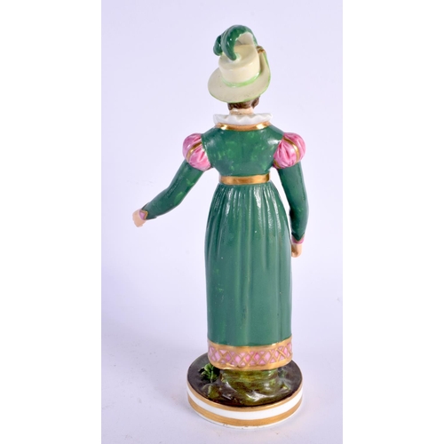 16 - AN EARLY 19TH CENTURY DERBY FIGURE OF A FEMALE modelled wearing a green dress. 20 cm high.