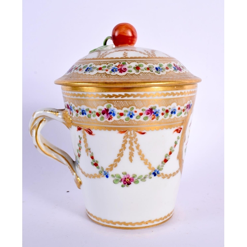 160 - Nyon (Swiss porcelain) rare trembleuse chocolate cup cover and stand painted with swags of flowers a... 