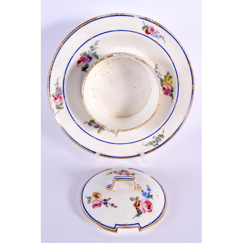 161 - Sevres butter tub with fixed stand and cover painted with flowers under blue lines, crossed Ls and ... 