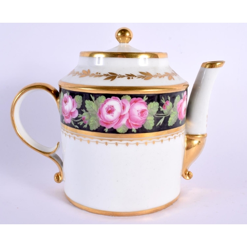 162 - French porcelain coffee pot and cover painted with a band of roses and a Paris Porcelain coffee can ... 