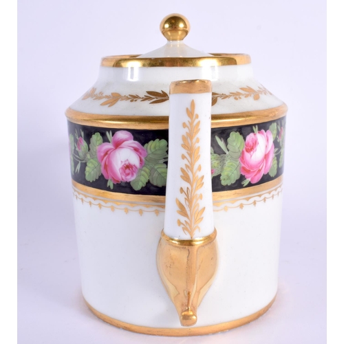 162 - French porcelain coffee pot and cover painted with a band of roses and a Paris Porcelain coffee can ... 