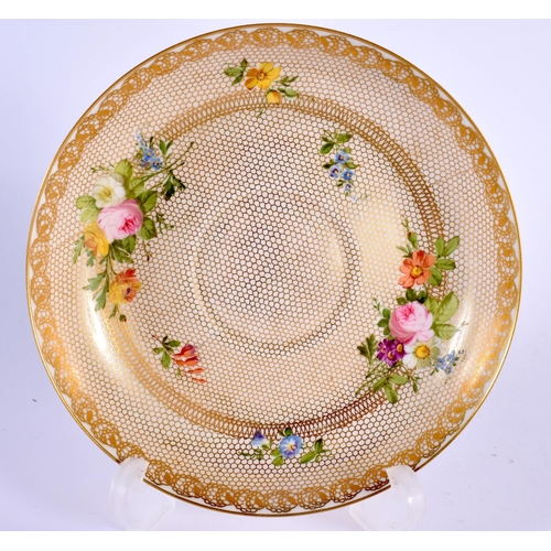 166 - Sevres coffee cup and saucer painted with flowers on a honeycomb gilded ground, marked S 58 in green... 