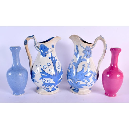 17 - A PAIR OF ENGLISH POTTERY JUG together with two Chinese vases. Largest 25 cm high. (4)