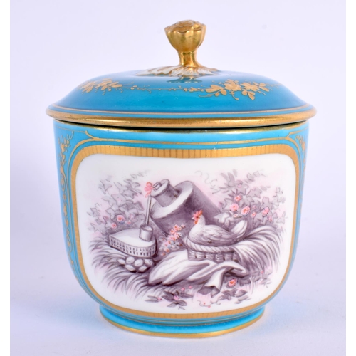 173 - Mid 19th c. Sevres style sucrier and cover painted with children or a chicken sitting in a basket bo... 