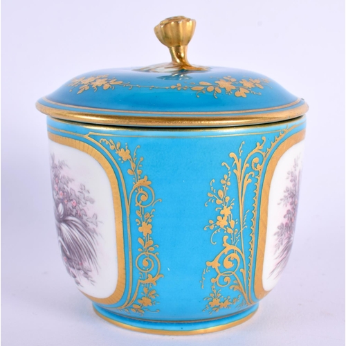 173 - Mid 19th c. Sevres style sucrier and cover painted with children or a chicken sitting in a basket bo... 