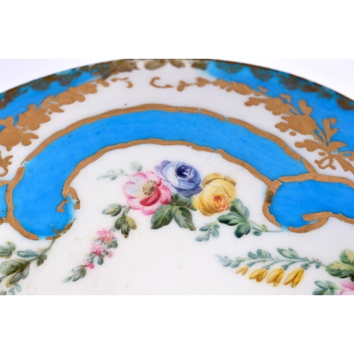 174 - Sevres saucer painted with a bird in landscape surrounded by roses on a blue celeste ground,  Crosse... 