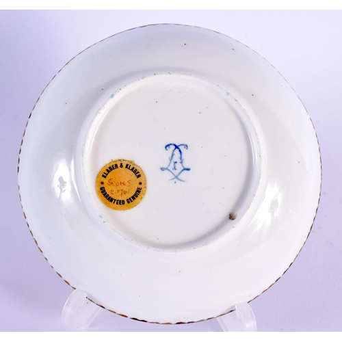 174 - Sevres saucer painted with a bird in landscape surrounded by roses on a blue celeste ground,  Crosse... 