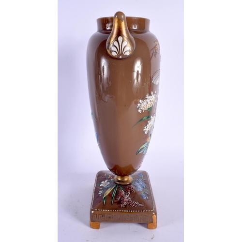 1 - A LARGE AESTHETIC MOVEMENT ENAMELLED TWIN HANDLED GLASS VASE decorated with birds and flowers. 27 cm... 