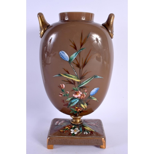 1 - A LARGE AESTHETIC MOVEMENT ENAMELLED TWIN HANDLED GLASS VASE decorated with birds and flowers. 27 cm... 