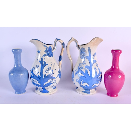 17 - A PAIR OF ENGLISH POTTERY JUG together with two Chinese vases. Largest 25 cm high. (4)