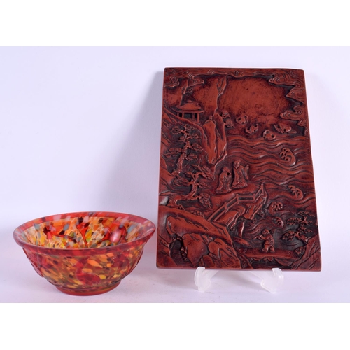 18 - A CONTINENTAL ART GLASS BOWL and a Chinese screen. Largest 21 cm x 14 cm. (2)