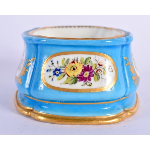 182 - Sevres trencher salt painted with flowers in gilt panels on a turquoise ground, crossed Ls and O in... 