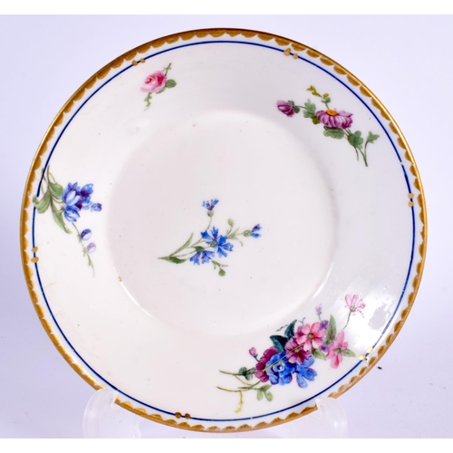 183 - 18th century Sevres coffee can and saucer painted with bouquets of flowers under a blue line, crosse... 