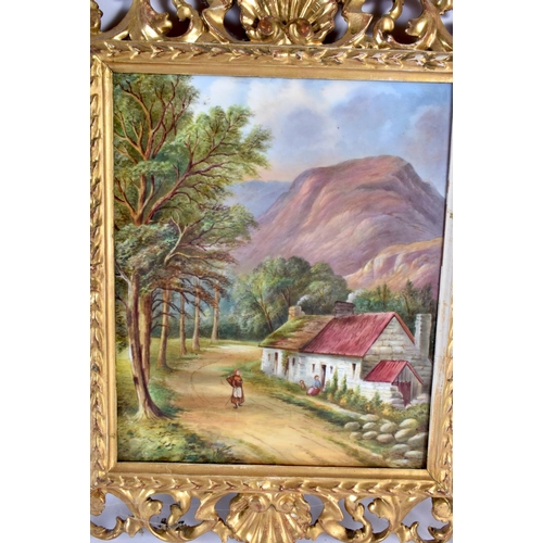 192 - Continental porcelain plaque, painted with a rural cottage with figures,29cm x 24.5cm, framed