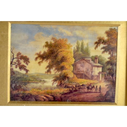 193 - 19th century English porcelain plaque with man and a donkey near a mill. 14x20cm