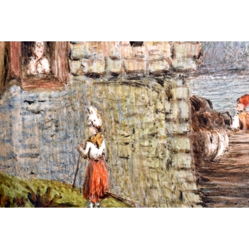 196 - 19th century English porcelain plaque with a castle and people in a boat. 29.5x14.5cm