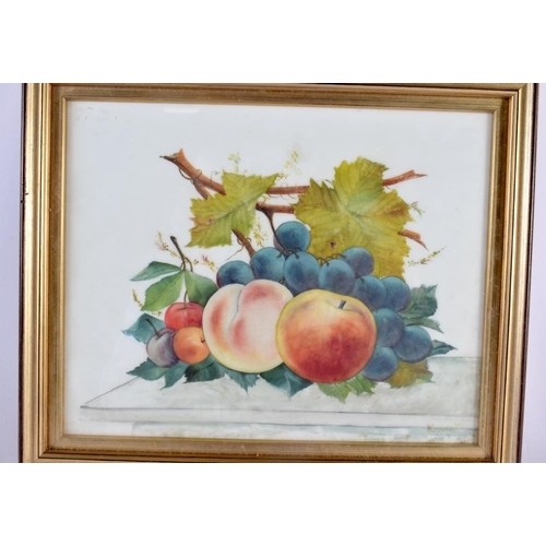 197 - English glass pair of plaques painted with fruit and flowers on a table by R. Rayworth, 24 x 20 cm