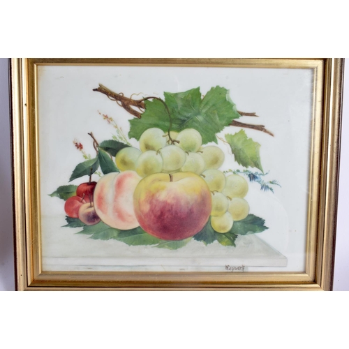 197 - English glass pair of plaques painted with fruit and flowers on a table by R. Rayworth, 24 x 20 cm