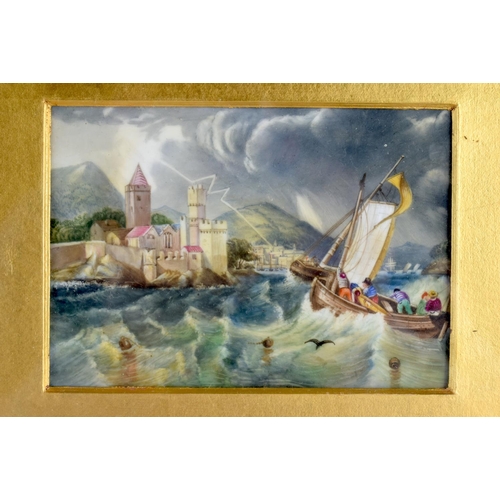 199 - 19th c. English porcelain plaque, painted with fishermen in a rough sea nearing land and a continent... 