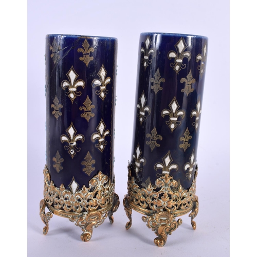 20 - A PAIR OF ANTIQUE FRENCH SEVRES STYLE JEWELLED VASE upon gilt metal mounts. 14 cm high.