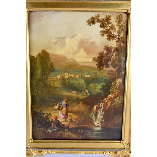 200 - Early 18th century English porcelain plaque painted with a rural landscape with two people in the fo... 