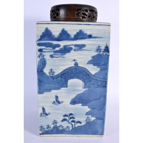 207 - A LARGE 18TH CENTURY CHINESE BLUE AND WHITE PORCELAIN TEA CANISTER Qianlong, painted with landscapes... 