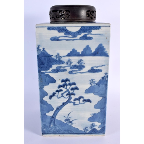 207 - A LARGE 18TH CENTURY CHINESE BLUE AND WHITE PORCELAIN TEA CANISTER Qianlong, painted with landscapes... 