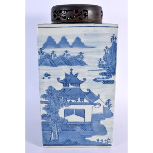 207 - A LARGE 18TH CENTURY CHINESE BLUE AND WHITE PORCELAIN TEA CANISTER Qianlong, painted with landscapes... 