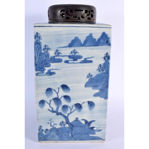 207 - A LARGE 18TH CENTURY CHINESE BLUE AND WHITE PORCELAIN TEA CANISTER Qianlong, painted with landscapes... 