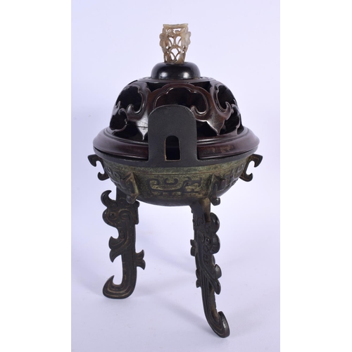 224 - A CHINESE QING DYNASTY BRONZE ARCHAIC STYLE CENSER AND COVER with jade finial, decorated all over wi... 